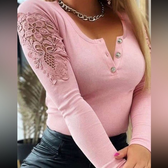 Luxe half button lace patch skin fit top - Picture 1 of 4